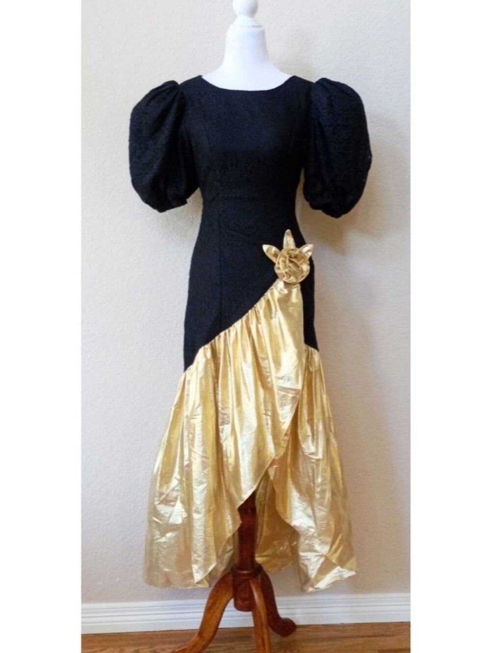 Vintage black lace and gold lamé dramatic puff sleeves midi dress